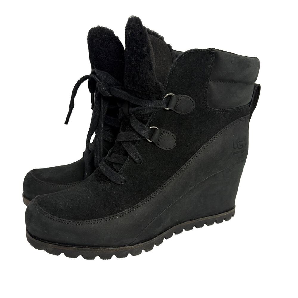 UGG Valory Black Suede & Leather Waterproof Wedge Lace up Ankle Booties Size 10